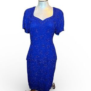 Vintage Nite Line Beaded 90s Silk Cocktail Midi Dress size 14